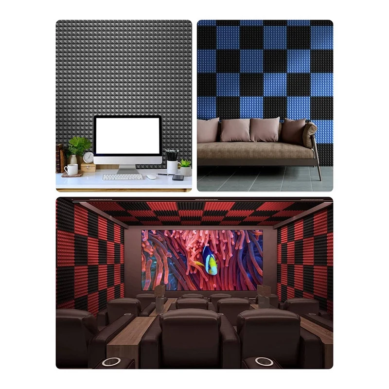 48 Pack Self-Adhesive Sound Proof Foam Panels 2X12X12 Inch Pyramid Design Acoustic Foam,For Home Studio,Black + Gray