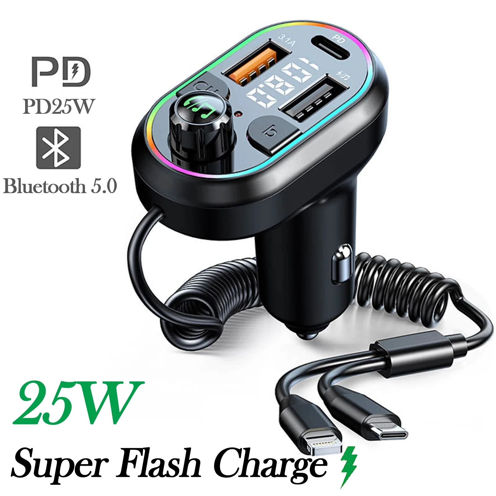 سيارة شحن سريع بلوتوث 5.0 FM الارسال استقبال الصوت اللاسلكي سيارة مشغل MP3 25 واط PD نوع-C ميناء كابل شحن #2