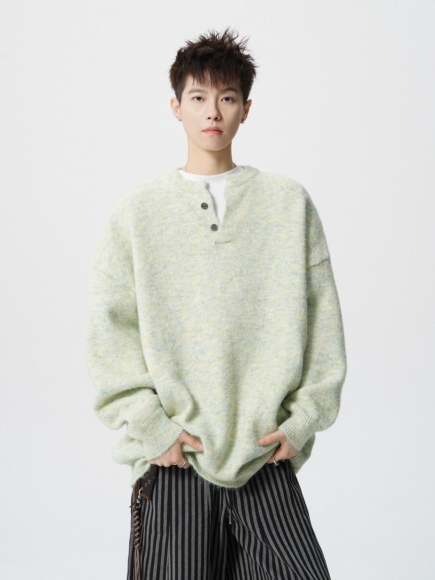 

Американский ретро-свитер унисекс с воротником хенли, свободный, универсальный, вязаный, для мужчин и женщин, осенний, повседневный, для пар