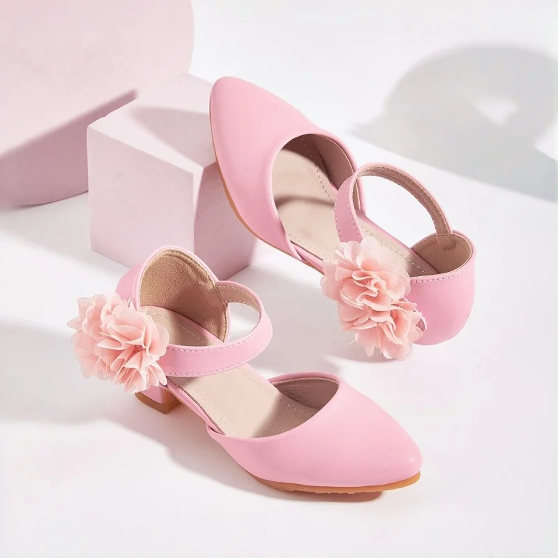 Girls Pink High Heel Sandals 2026 Children's New Pointed Toe Camellia Lace Sandal Princess Dress Shoes For Kids Fashion Shoes