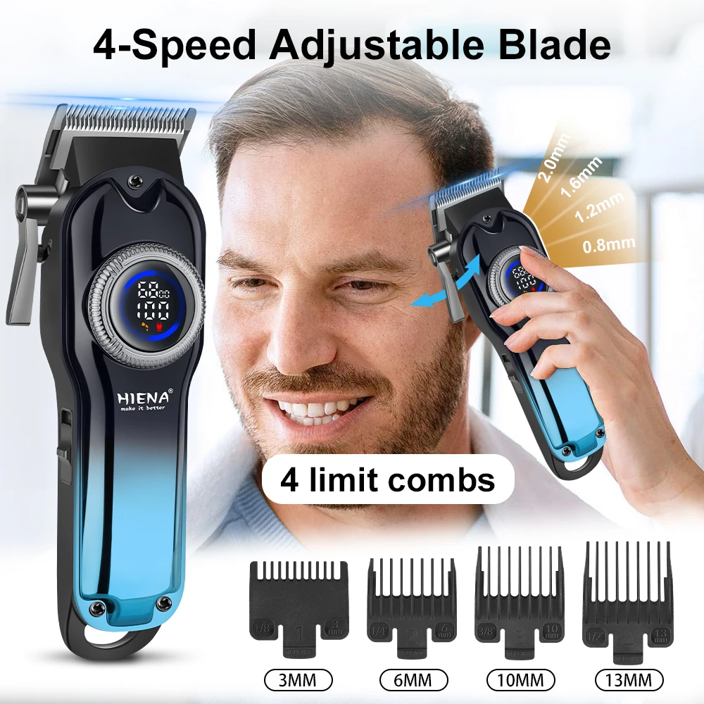 hiena Electric Hair Clippers for Men Professional Cordless Barber Clippers Rechargeable Beard Trimmer LED Display Trimmer
