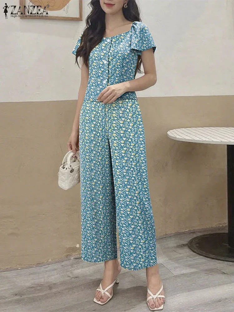 ชุดเซ็ตเสื้อผ้าลายดอกไม้ ZANZEA 2025 สำหรับผู้หญิง เสื้อแขนสั้น กางเกงขายาว ชุดไปเที่ยวทะเล ชุดฤดูร้อน ชุดเข้าชุดสวยหรู 2 ชิ้น
