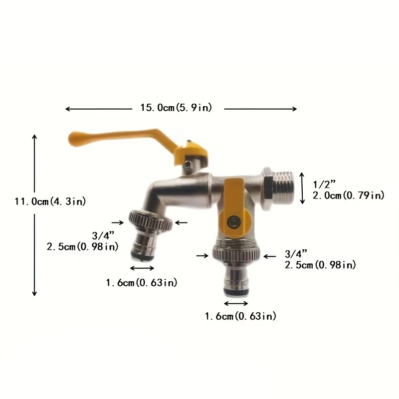 Outdoor Garden Water Tap, Dual Outlet 1/2