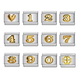 2025 New Fashion Gold Color 0-9 Figure Numbers Italian Links Charm Fit 9mm Stainless Steel For Women Men Gift DIY Making Jewelry