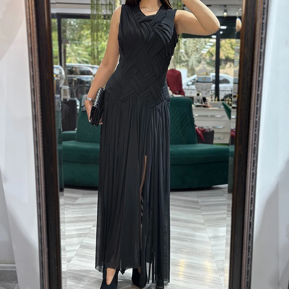 

Customized A-line Evening Dresses Ankle-length V-neck Sleeveless Prom Gown Fashion Pleat Simple Draped Casual Party Gown