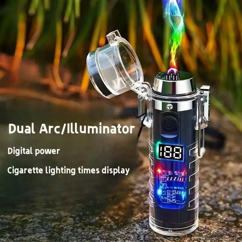 Brújula impermeable para acampar al aire libre, encendedor eléctrico USB de Plasma tipo C de doble arco, linterna multifunción, herramienta de encendido de supervivencia