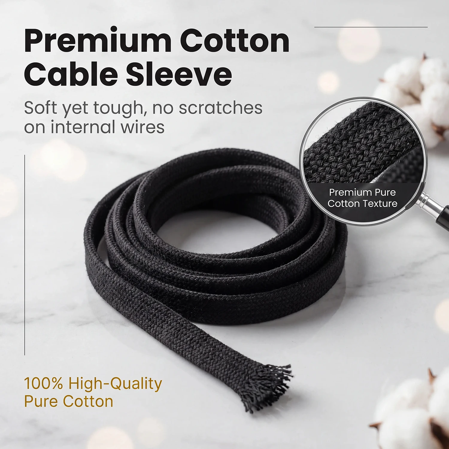 YIVO Braided Black Pure Cotton Cable Protector Sleeve, Breathable Wear‑Resistant Sheath for HIFI Audio Cables Wire Arrangement