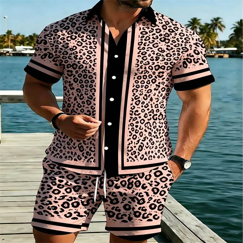 Men's two-piece summer blue leopard print short-sleeved collared shirt and drawstring shorts suit, Hawaiian vacation wear