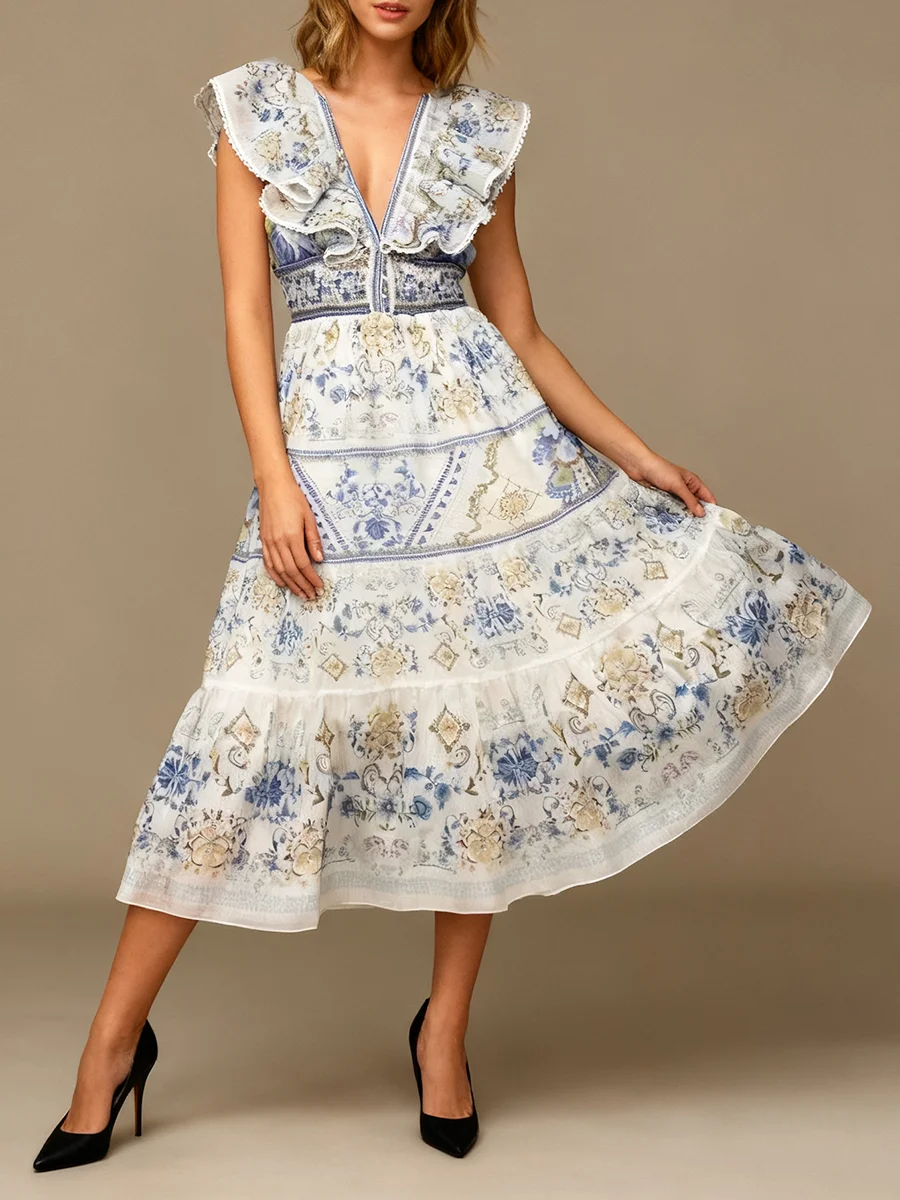 VGH Franse retro print midi-jurken voor dames diepe v-hals vliegende mouw hoge taille patchwork plooien rand galajurk vrouwelijk nieuw