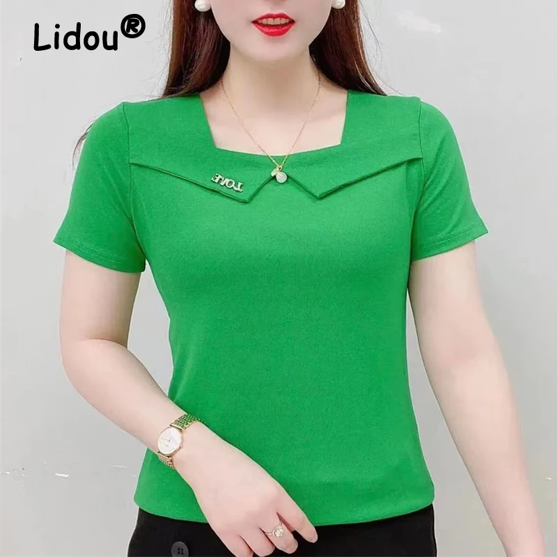 

Women's Clothing 2024 Summer Fashion Elegant Square Neck Short Sleeve T-shirts Casual Solid Color Loose Tops Camisetas De Mujer