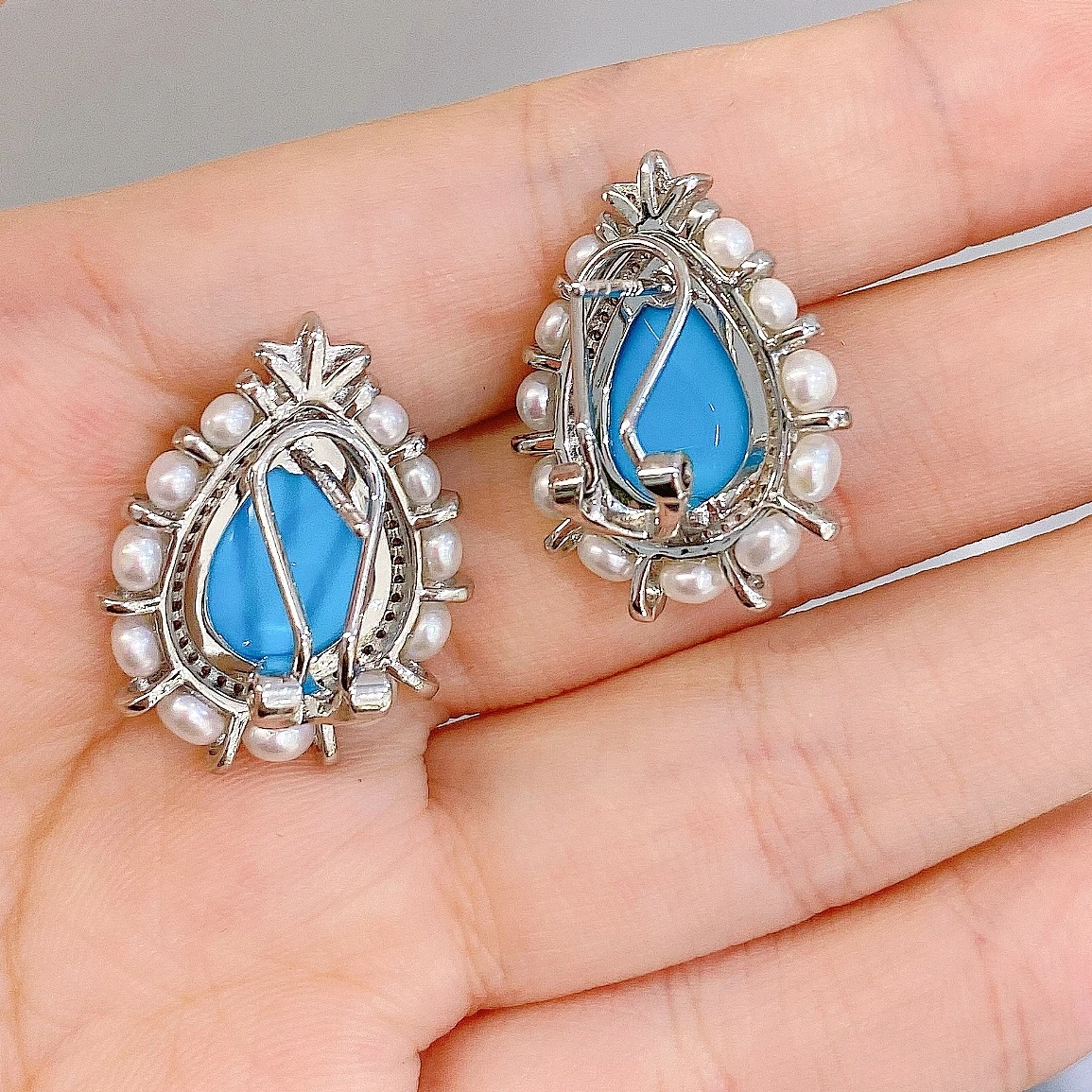 KQDANCE New Hand Craft 925 Sterling Silver Pearl Inlayed Edge Pear Cut Turquoise Earrings Luxury Fine Jewelry For WOmen Gift