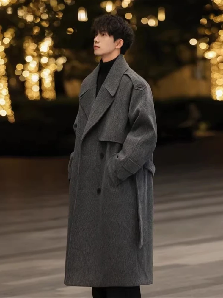 

Корейское мужское шерстяное пальто до колен с отложным воротником, осенне-зимнее, модное, в британском стиле, повседневное, премиум-класса