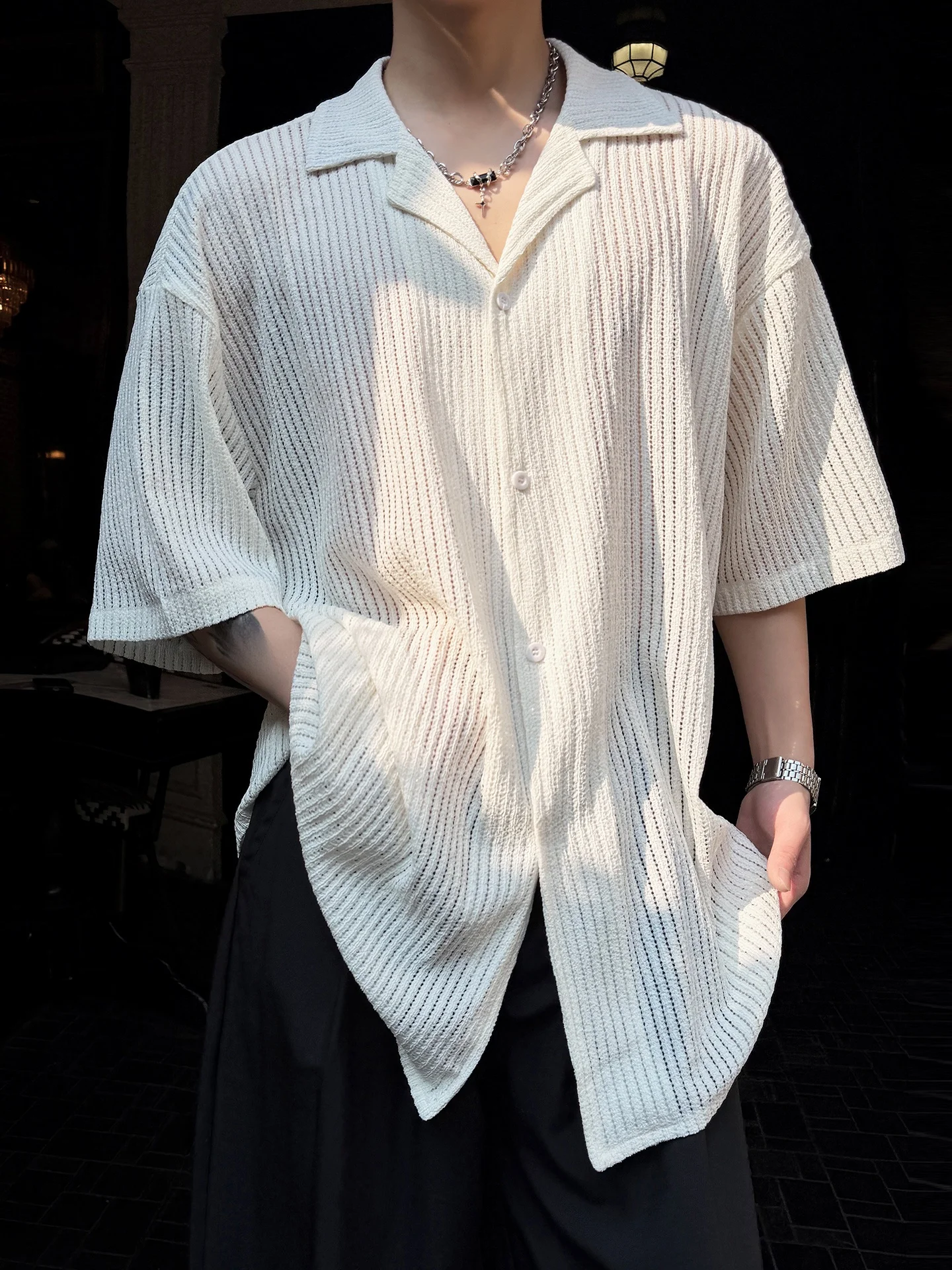 

Destructive Texture Hollow Cuban Collar Short Sleeve Men's Shirt Summer New Trend Loose Cool Feeling Men's Knitted Polyester ...