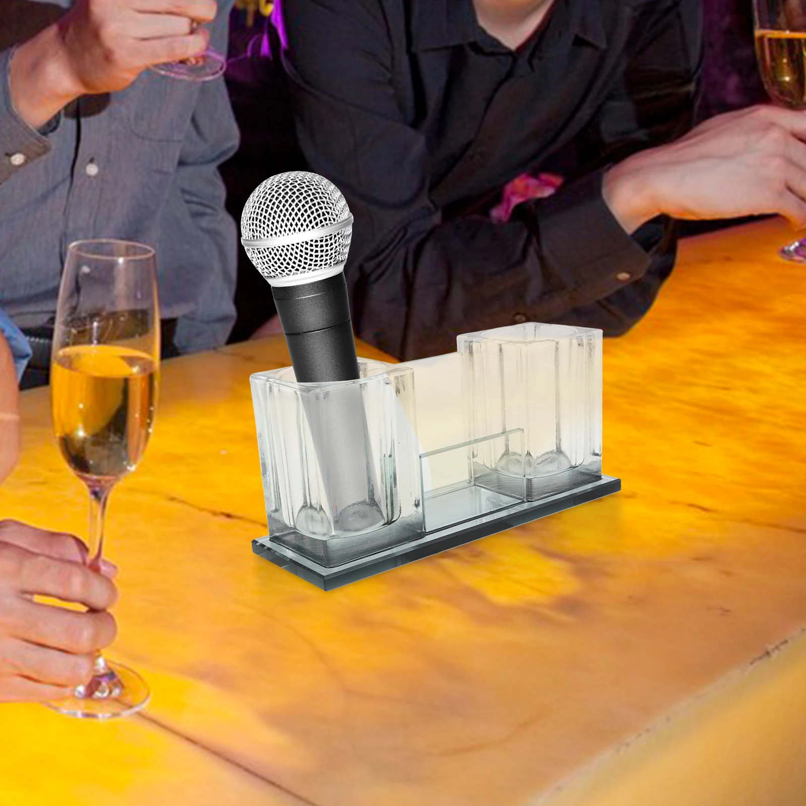 

Crystal Microphone St 2 slot Acrylic Desktop Holder Tabletop Universal Base Stable Wireless MIC Rack Black Color