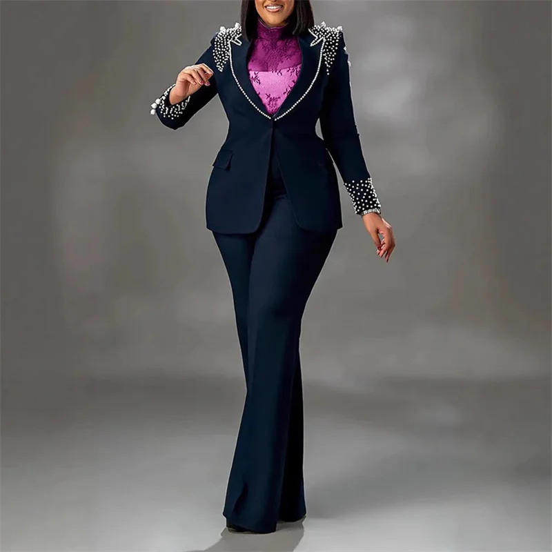 Luxury Elegant Formal Two Piece Set for Women Matching Sets Office Lady Club Business Pearls Blazer Coat and Wide Leg Pant Suits