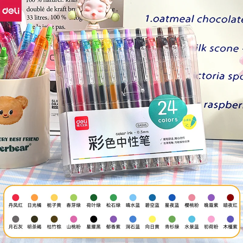 Deli 24-Color Gel Pens,12/6 Vibrant Colors Smooth Writing Skip-free Ink Flow Ideal for coloring,notes,projects,DIY,and planners
