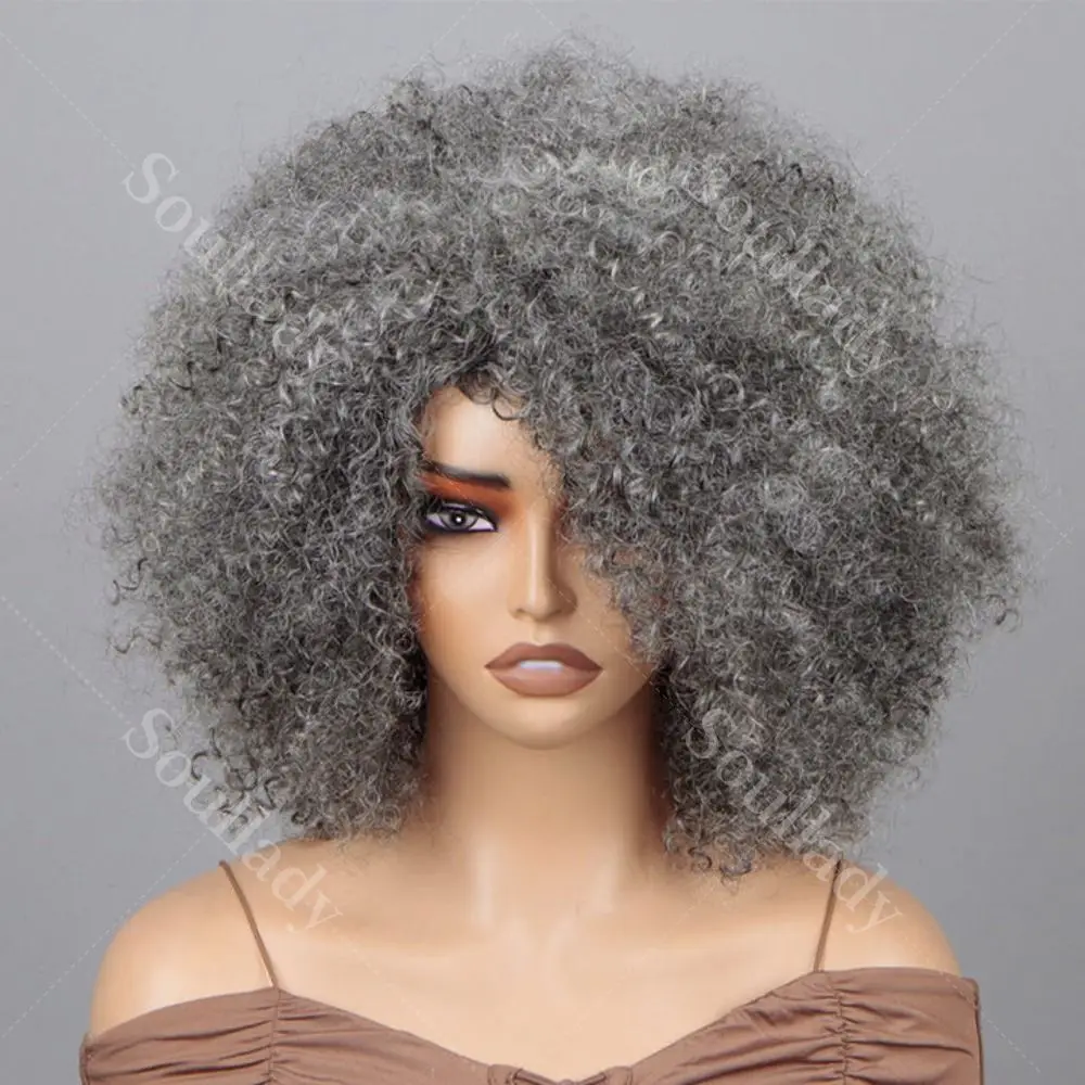 

Soul Lady 280% Density Silver Grey Wig Salt and Pepper Color Afro Kinky Curl Human Hair Jerry Curl Wear&Go Wig Glueless For Mom
