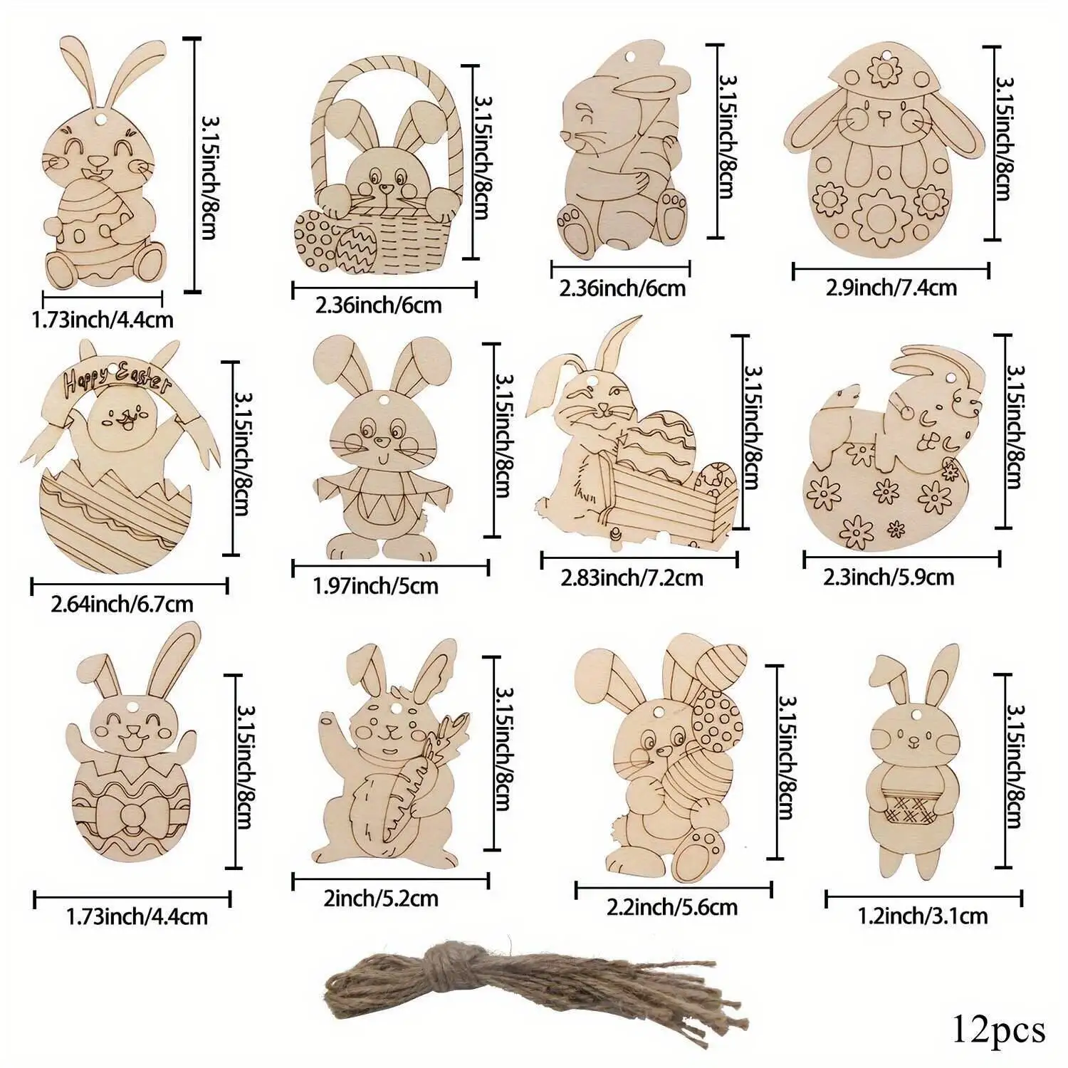 12PCS Carton Wooden Ornament Egg Rabbit Hanging Pendants For Happy Easter Spring Party Decoration Kids DIY Painting Crafts