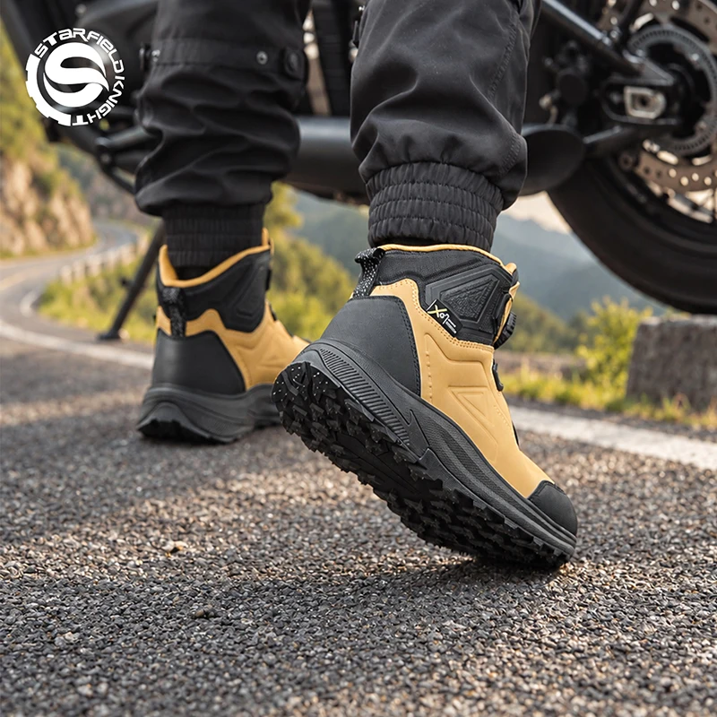 SFK Yellow Motorcycle Riding Protective Boots Men Summer Breathable Waterproof Genuine Cow Leather Non-slip Wear-resistant Gears