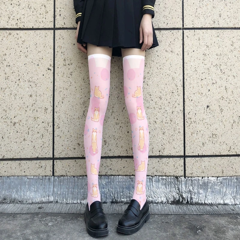 Women  Cartoon Thigh High Stockings Japanese Anime Cute Pig for CAT Bear Animal Printed Cosplay Over Knee Long Soc