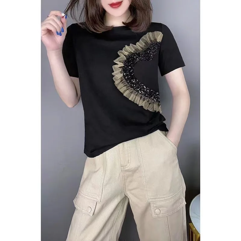 Women's Plus Size Fashion Simple Design Spliced Sequin Tulle Short Sleeve Round Neck Fitted T-Shirt for Spring and Summer