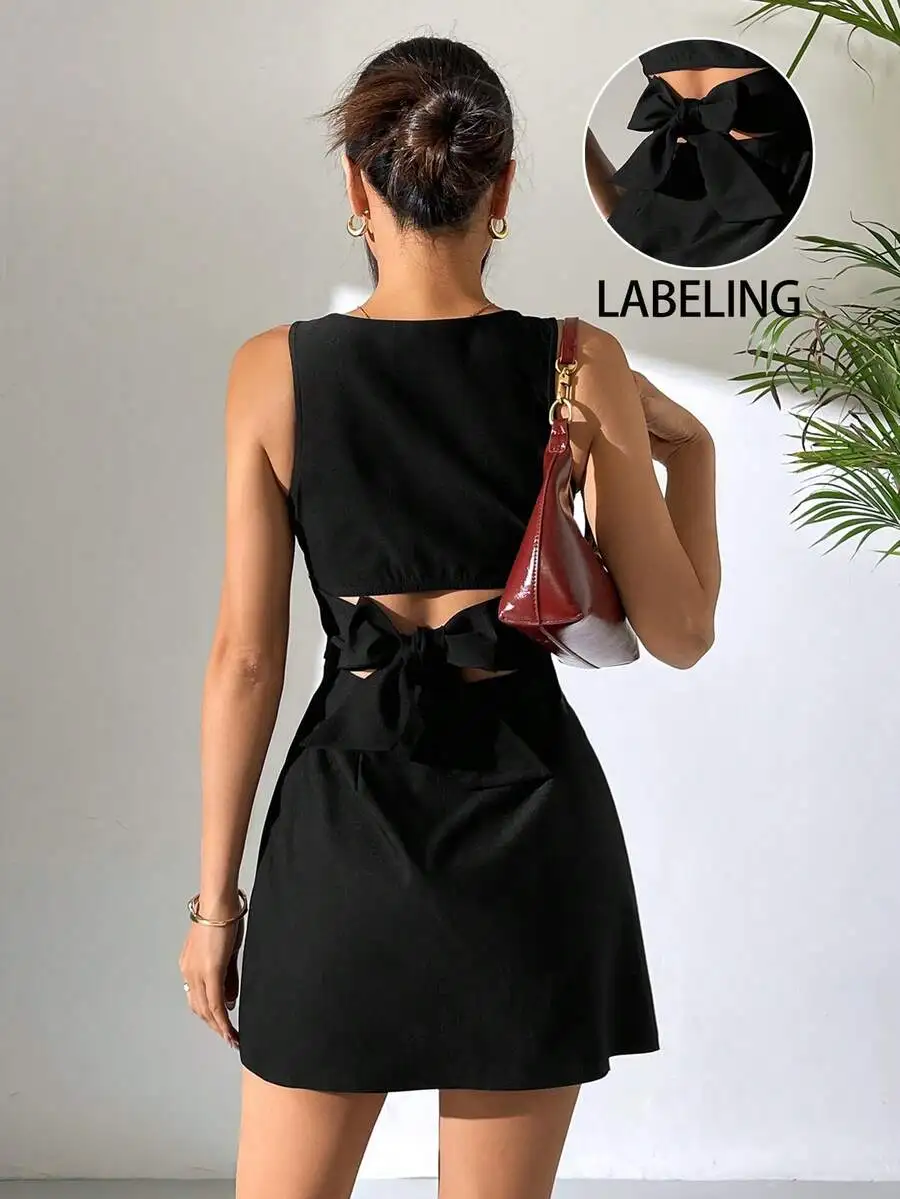 

Black Sleeveless Backless Mini Dress With Bow Cut Out Waist Tie Summer Women Dress
