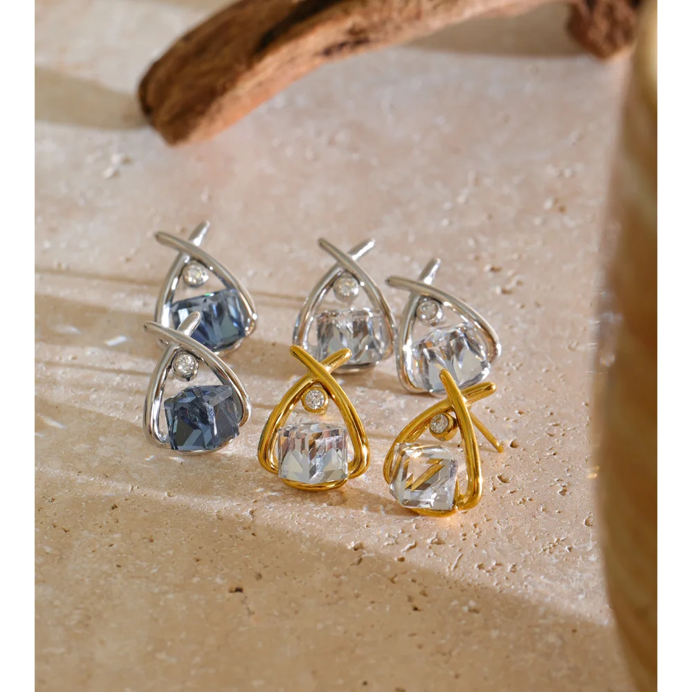 Yhpup Stainless Steel Stud Earrings Exquisite Bling Square K9 Crystal Geometric Chic Modern Daily Jewelry Accessories