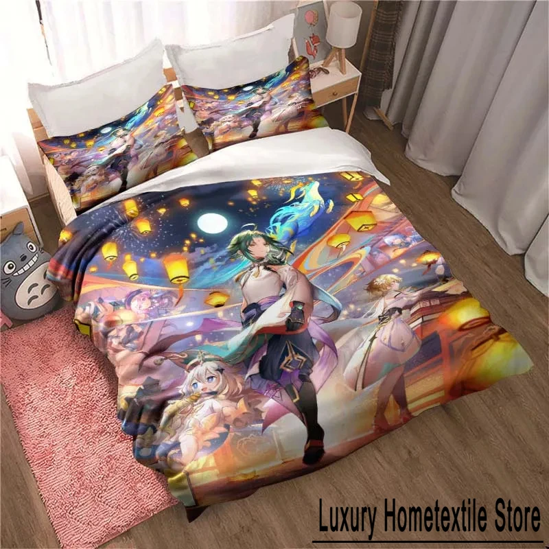 Genshin Impact Game Anime 3-piece Quilt Cover Bed Quilt Cover Double King Bed Quilt Cover Home Textiles Boys Adults