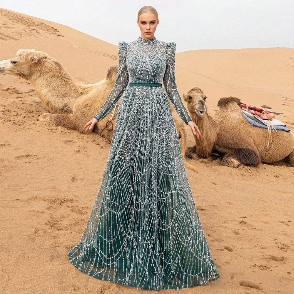 Elegant Muslim Pearls Beads Evening Dress for Women 2026 High Neck Long Sleeves Aline Formal Prom Wedding Party Gowns Customized