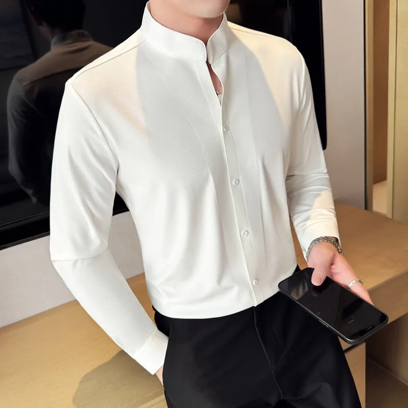 جديد النمط الصيني الوقوف طوق كم طويل قميص عالية مطاطا الهراء سلس رجال الأعمال سليم صالح عادية حفلة موسيقية قمصان البدلات الرسمية #4