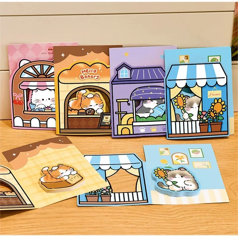 3pc random Cute Cartoon Cat Window Design Self-Adhesive Sticky Memo Pad 30 Sheets Decorative Notepad for School Office Suppliers