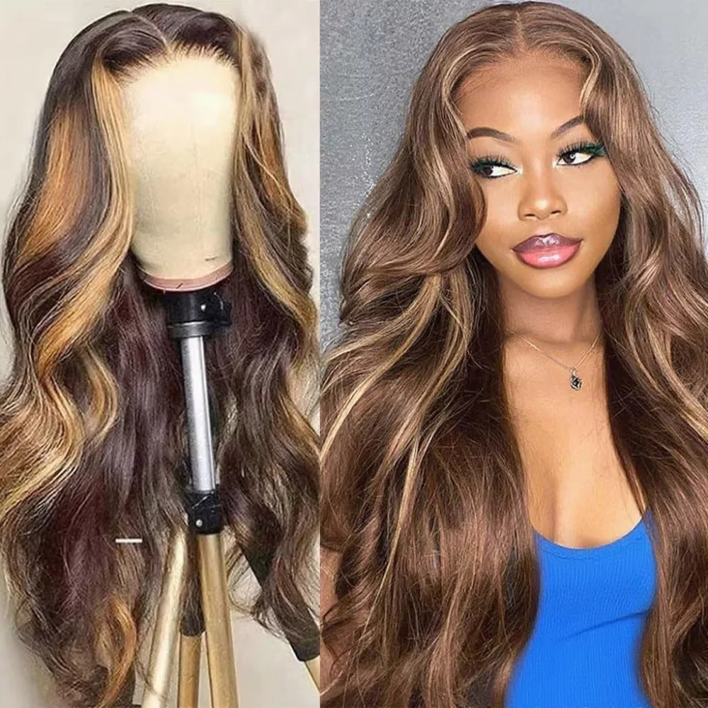 4/27 Highlight 13x4 Lace Front Natural Black Wig P427 Highlight 13x6 HD Transparent Lace Front Body Wave Human Hair Wigs Pre Plucked Brazilian 30 46 Inch 200% Density 13x4 Lace Frontal Wig For Women