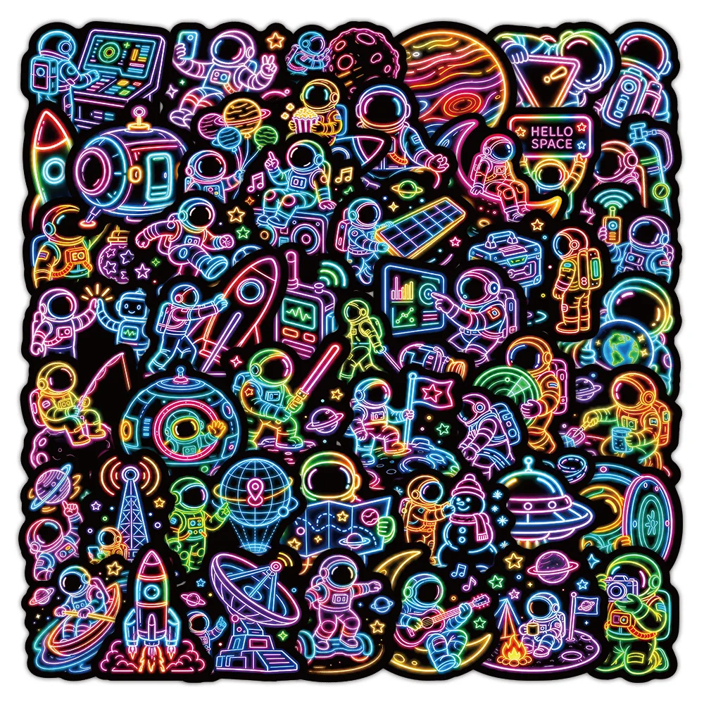 50pcs Neon Astronaut Cartoon Stickers Graffiti Sticker Decorate Phone Back Card Trunk Water Cup Cute Cat DIY Stickers Waterproof
