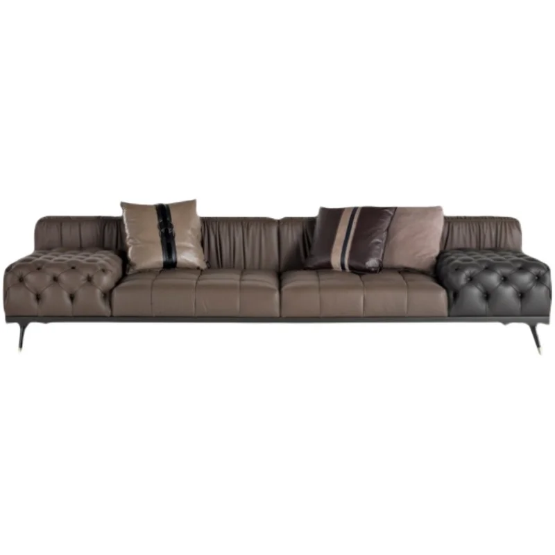 Włoska, lekka, luksusowa, minimalistyczna, prosty rząd, nowoczesna willa z tkaniny, salon, rozmiar mieszkania, designerska skórzana sofa z przyciskiem
