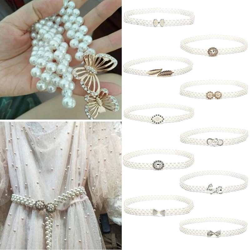 Women Pearls Beads Chain Belt Elegant Stretchy Dress Belt Waistband Bridal Wedding Elastic Belt Sash Female Girls Dresses Access