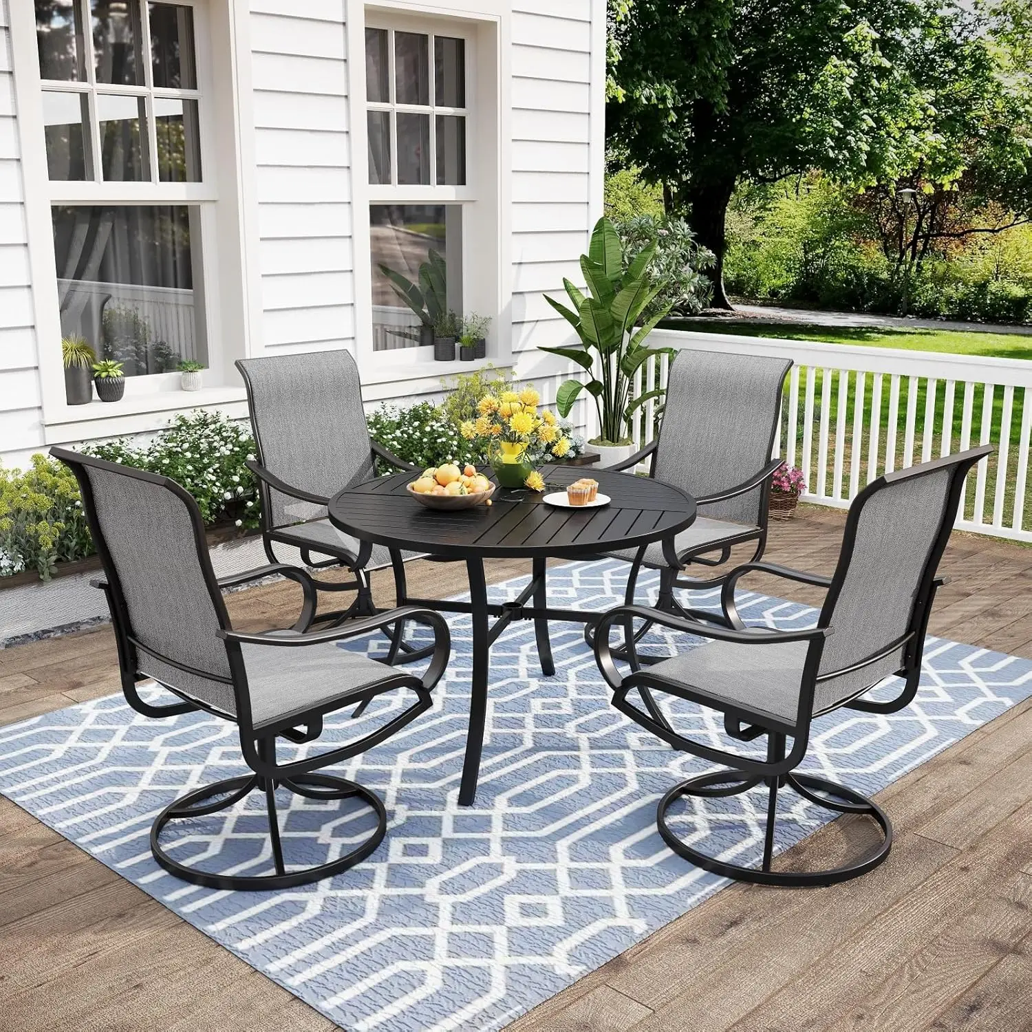 

5 Piece Outdoor Patio Dining Set, 4 Sling Swivel Padded Chairs and 42" Round Iron Table with 1.57"-1.9" Adjustable Umbrella Hole