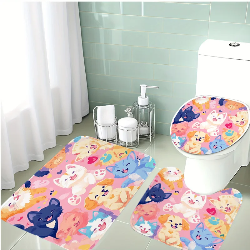 Cute Puppy Kitty Bath Set Three Piece Mat Toilet Lid Cover and U Shaped Rug Soft Non Slip Machine Washable for Bathroom Decor