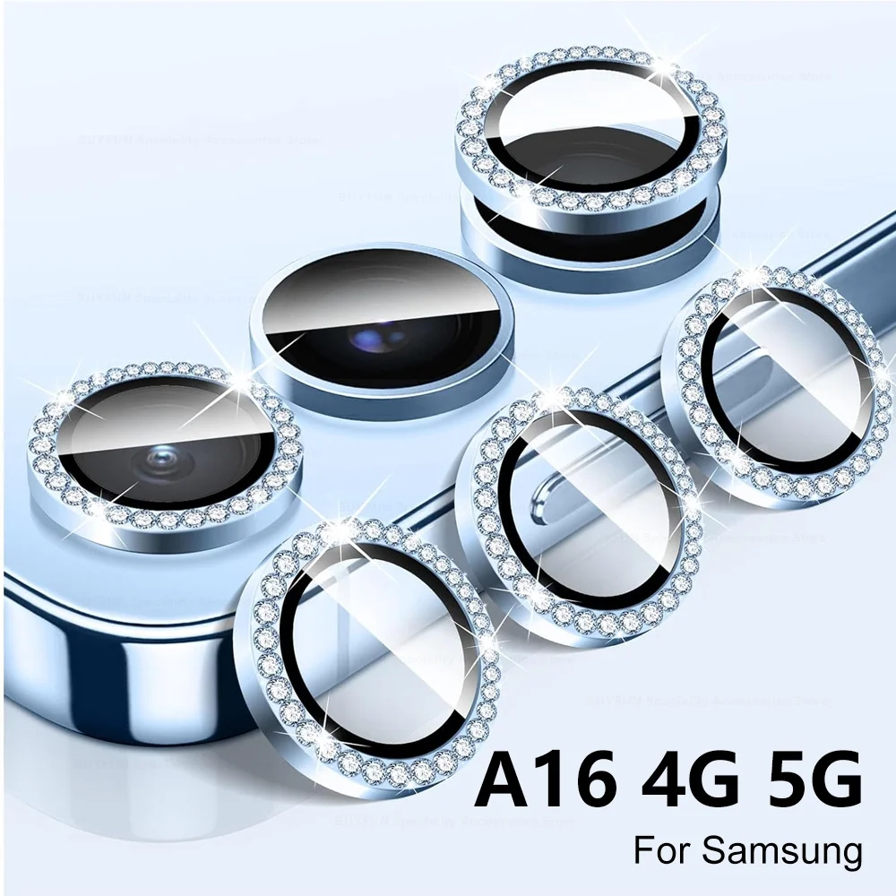 For Samsung Galaxy A16 4G 5G Diamond Camera Lens Protector Shiny Tempered Glass Back Lens Cover Aluminum Metal Ring Galaxy A06