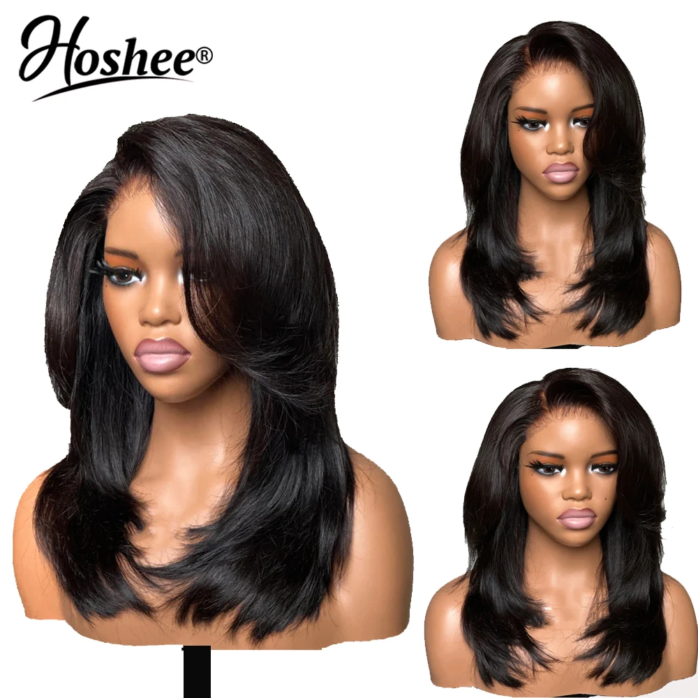 

Glueless 4x4 Lace Closure Wig 250% Inspired Layers With Curtain Bang Wig Invisible Strap Snug Fit 360 Full Lace Human Hair Wigs