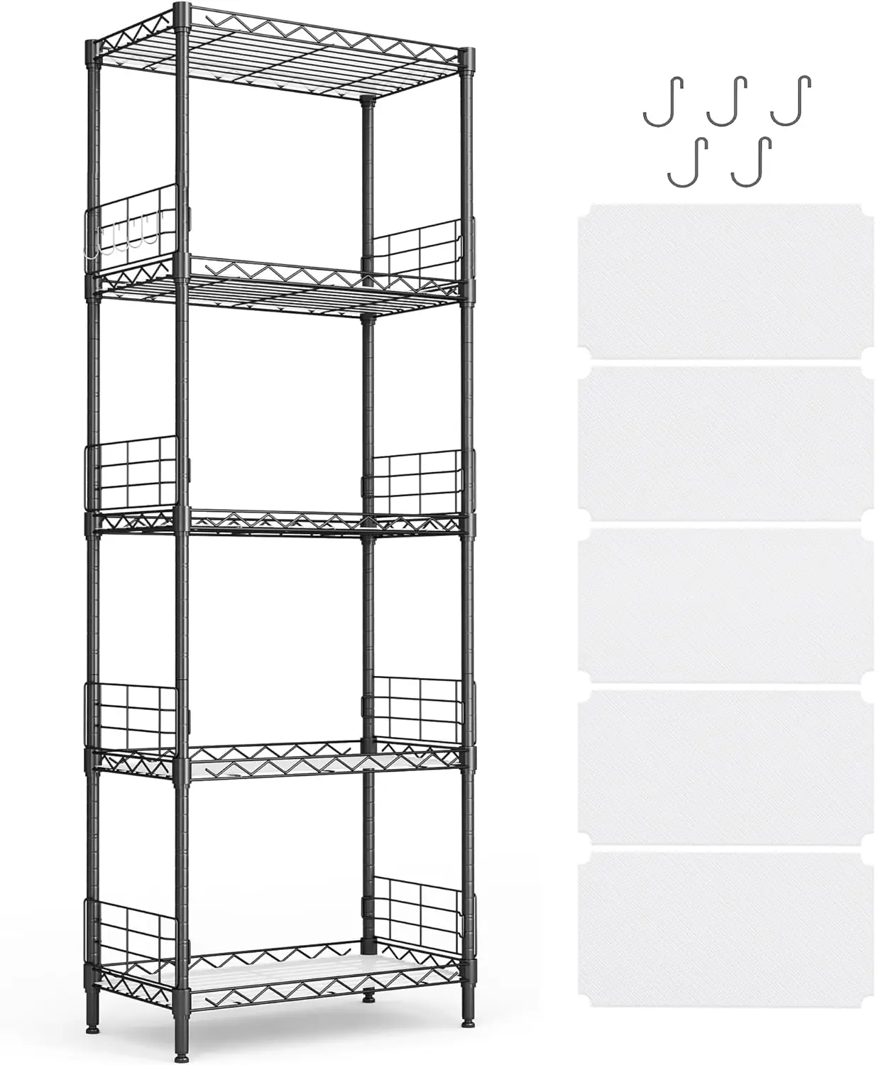 5-Tier Storage Shelves, Height Adjustable Pantry Shelves with 5 Hooks & Shelf Liners