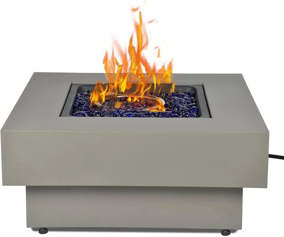 Propane Fire Pit Table, 33-inch 50,000 BTU Outdoor Gas Fireplace for Patio, Square Low Profile Fire Table w/Lid, Glass Rocks