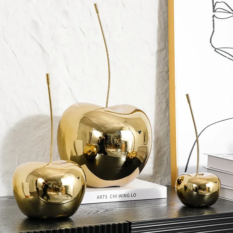 Golden Cherry Simulated Fruit Sculpture Resin Handicrafts Golden Apple Decorative Figurines Home Decoration Accessories