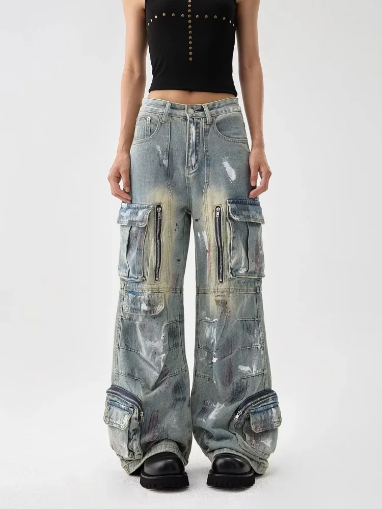

Trashy Y2K 2000S Distressed Blue Paint Splash Baggy Cargo Jeans Pants For Women 90S Vintage Clothes Zipper Lady Denim Trousers