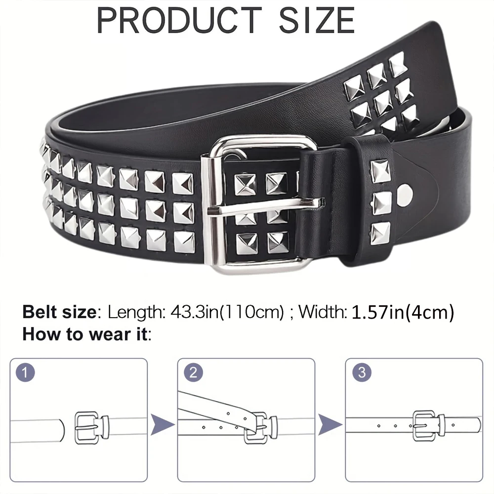 Fashion Square Bead Rivet Belt Metal Pyramid Belt Punk Rock Style Jeans Belts Y2K Waist Belt  for Men and Women