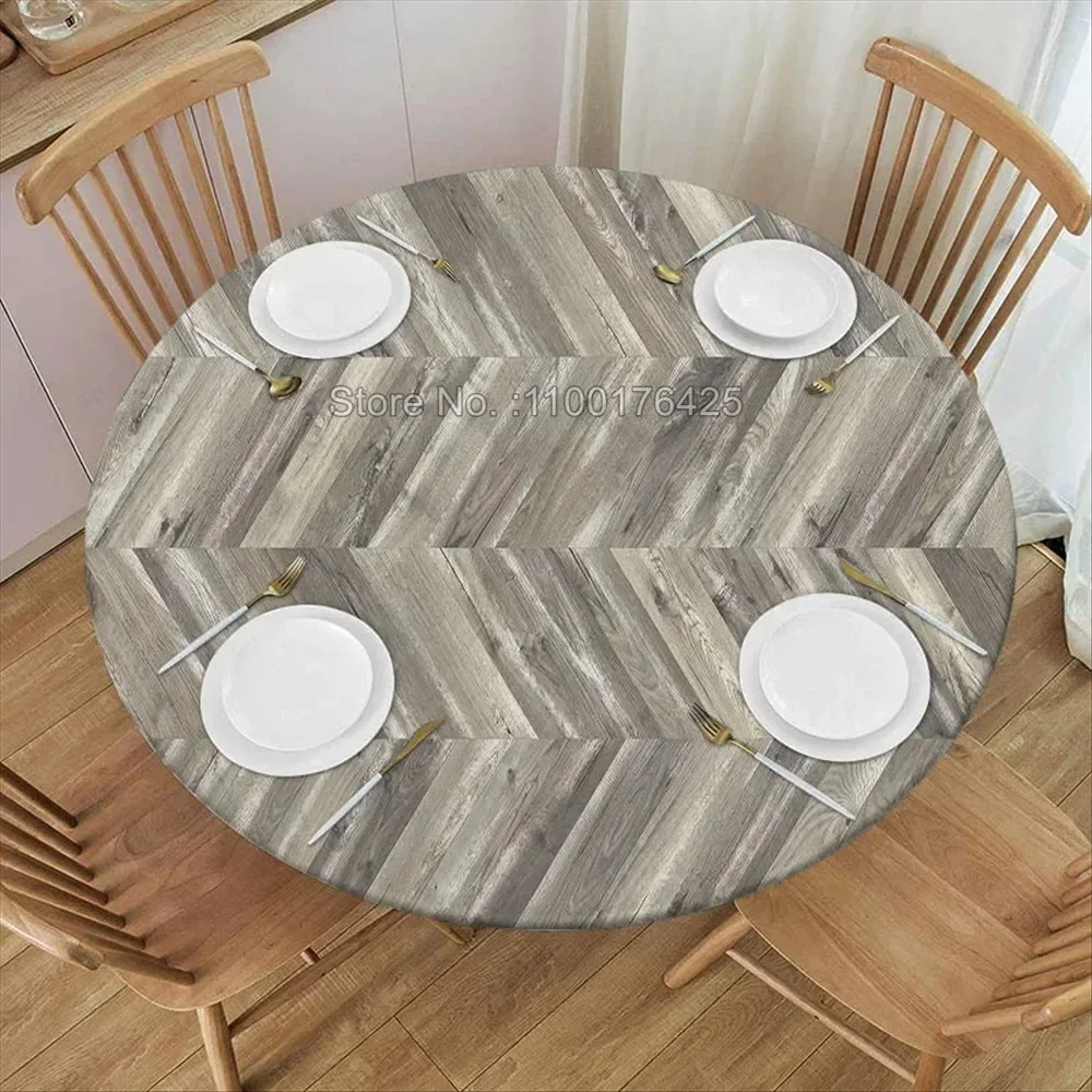 Wood Round Tablecloth for Indoor Outdoor Fitted Elastic Edge Table Cover Kitchen Home Decoration Table Linen Accessorie