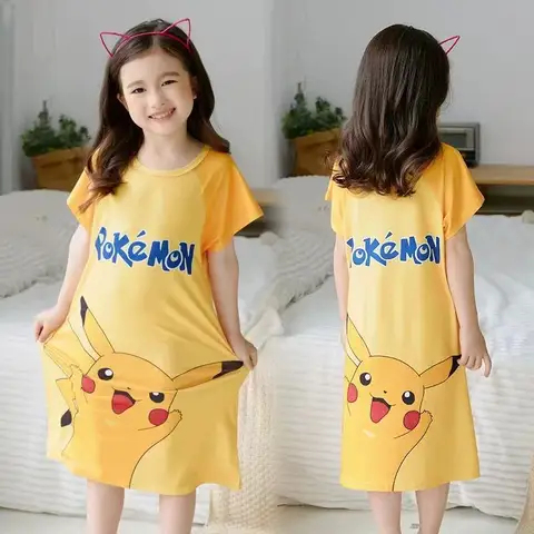 Pikachu Pokemon Cotton Nightdress Little Teen Girl Pajama Dress Children's Cartoon Anime Summer Nightgown Home Clothes Sleepwear