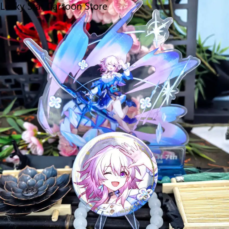 Anime Honkai: Star Rail March 7th Pin Brooch Badge Button Acrylic Stand Model Desk Display Standing Exhibit Through Card 2pcs