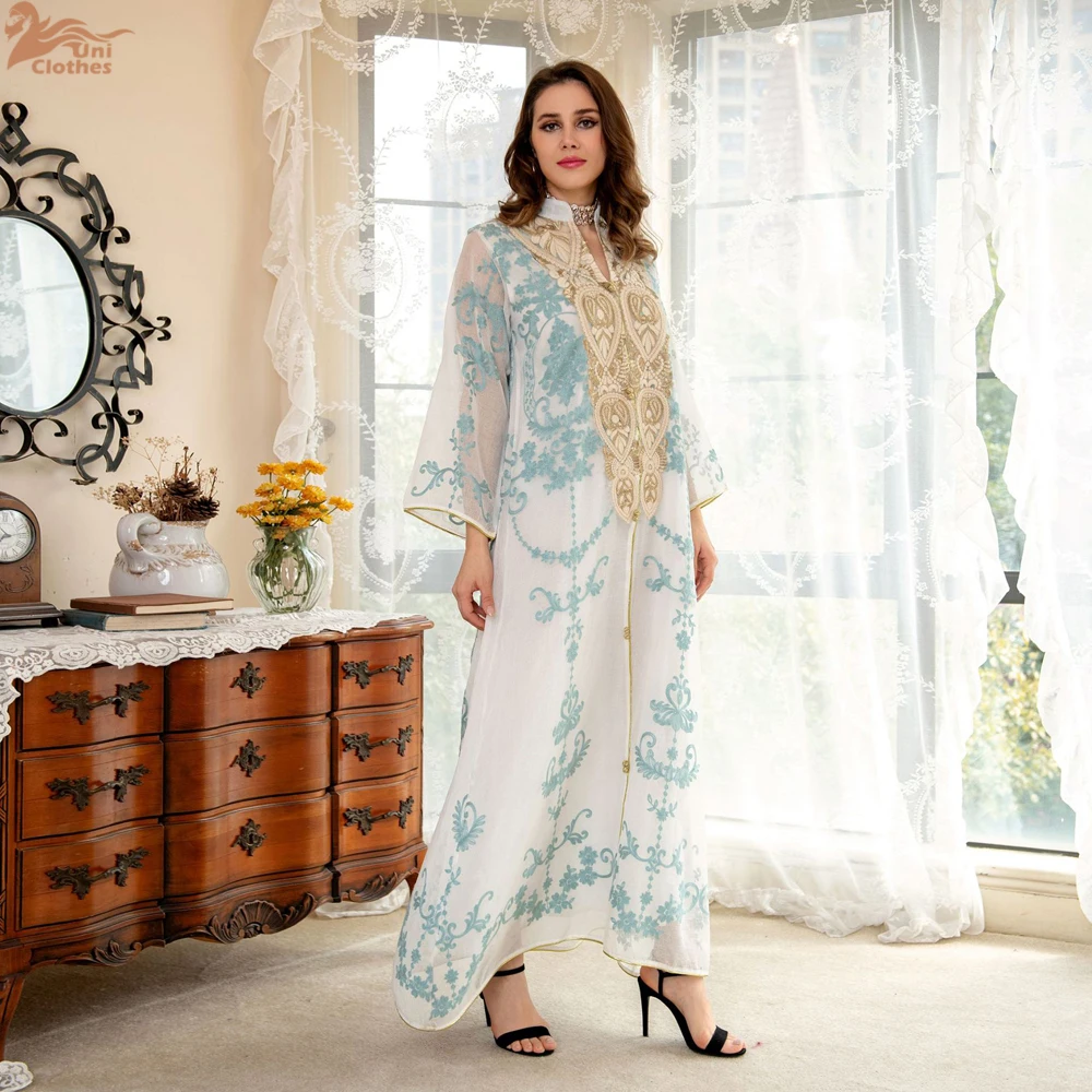 

Eid Jalabiya Moroccan Party Mesh Embroidery Abaya for Muslim Women Maxi Dresses Kaftan Turkey Arab Dubai Evening Ramadan Caftan