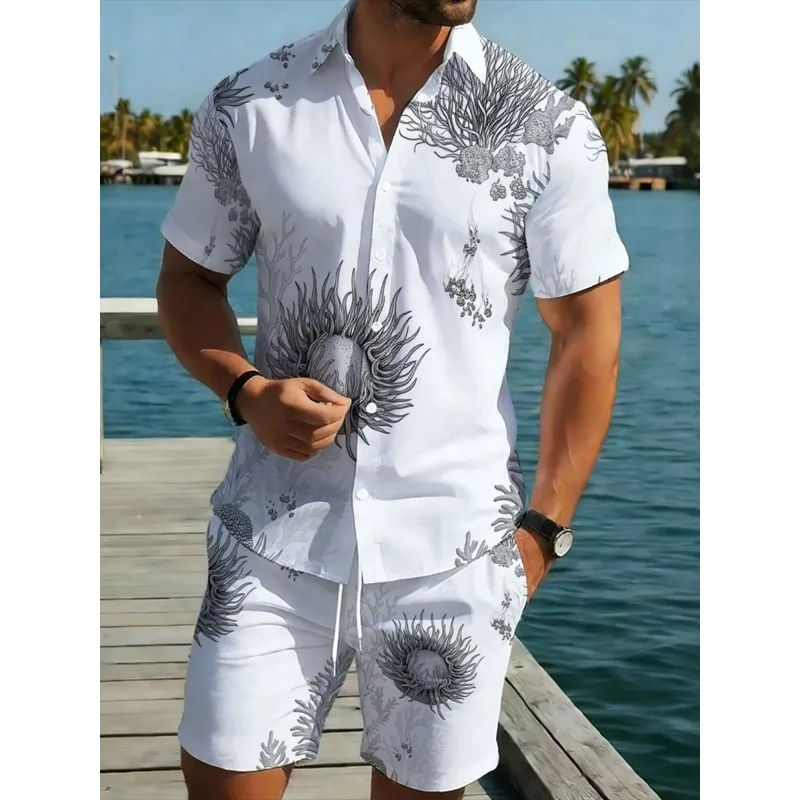 Men's Floral Hawaiian Shirt & Shorts Set Polyester Lightweight Summer Beach Travel Resort Casual Wear