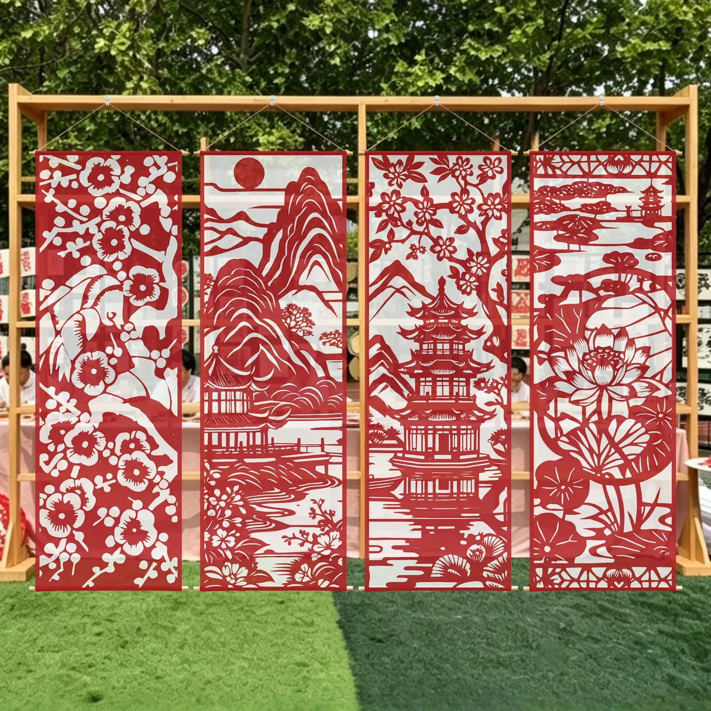 Japanese Noren Curtain - Red Paper Cut Bird & Koi, Semi Transparent Tatami Room Divider Screen for Altar & Shinto Living Room